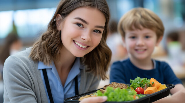 School lunch aide helps non-verbal child with food tray in bright cafeteria, other kids chatting around them, inclusive seating arrangement visible, ideal for special needs school culture, childhood