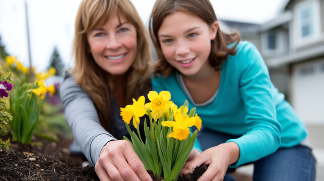 Mother and adult daughter plant spring bulbs side by side in small yard, no words exchanged, hands deep in same patch of soil, overcast warm sky, ideal for Mother's Day, quiet connection, and modern