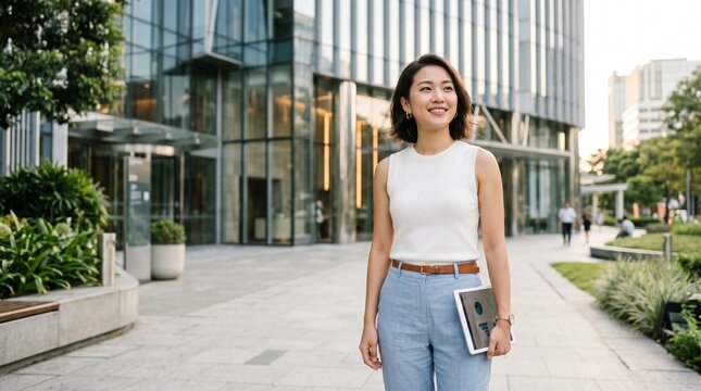 Young Asian Businesswoman Holding Tablet in Modern Urban Office Environment Outdoor