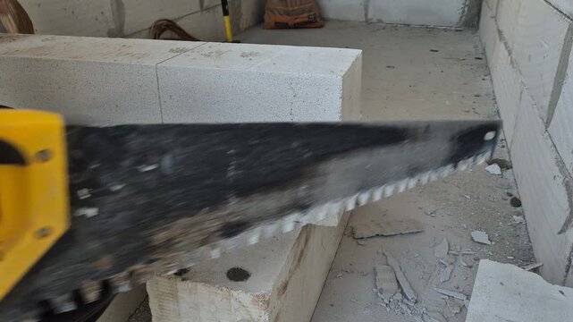 A person uses a hand saw to cut a white aerated concrete block at an indoor construction site.