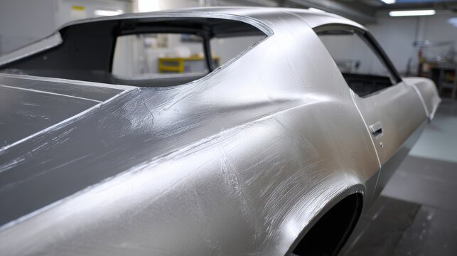 car body filler primer layers sanding process repair surface texture realism workshop light