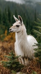 Fototapeta premium Llama stands in natural setting with trees and grass, showing its thick fur and sharp gaze in soft focus background with rich colors
