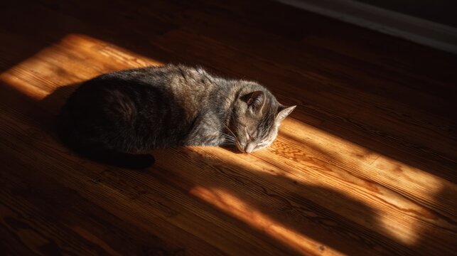 cat sleeping sunlight spot wooden floor cozy home pet lifestyle calm peaceful warm light minimal scene