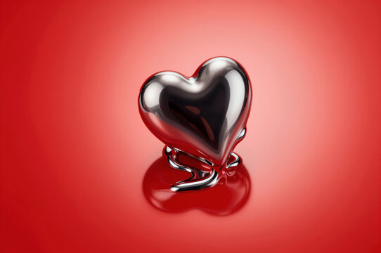 Polished chrome heart sculpture rests on a reflective red surface, featuring distorted liquid metal reflections and a singular flowing silver tendril at its base. High-contrast specular highlights