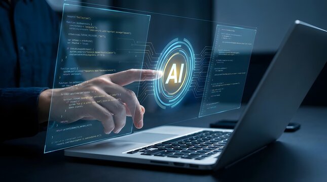 AI code generation and analysis. Software debugging and automated code review. Businessman touching generative AI coding and source code icons on laptop computer keyboard.