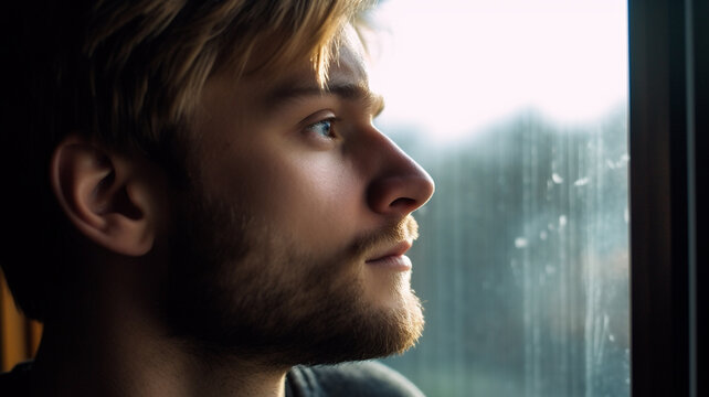 young adult man side view with sad facial expression