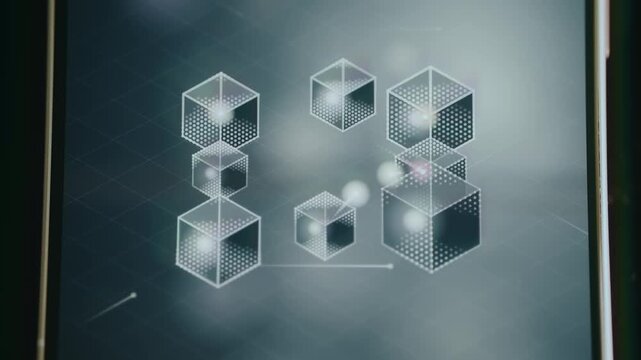 Abstract blockchain network with 3D blocks and dots transferring between nodes