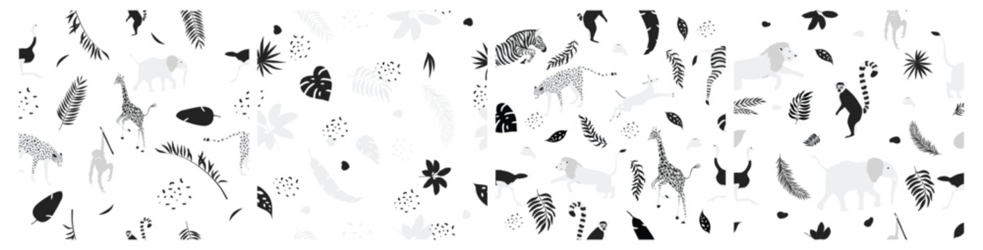 Collection of safari animals and tropical leaves, black and white minimalist elements.