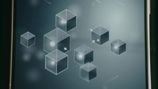 Blockchain technology visualization with floating cubes and flowing dot connections