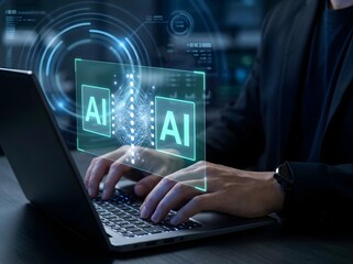 Obraz premium Multi AI agent orchestration system. Automated collaborative network technology. Businessman using intelligent automation tool on laptop computer.