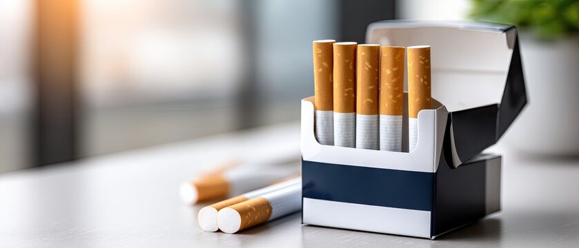 Open cigarette pack on light gray surface with cigarettes standing upright creates a modern and clean look
