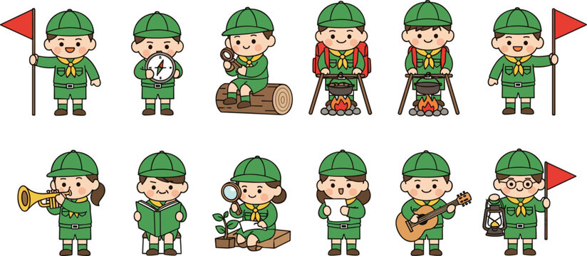 Scout Character Set with Outdoor Activities, Camping, and Exploration for Hiking, Adventure, and Nature Design Themes