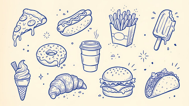Hand Drawn Fast Food Doodle Vector Set, Burger Pizza Fries Coffee Snack Sketch Illustration Collection, Vintage Line Art Style