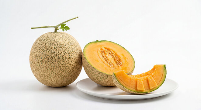 Japanese Yubari King Melon Premium Whole Melon with Perfect Netted Skin Beside Cut Half Revealing Orange Flesh on White Background