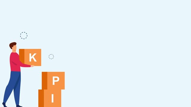 Animated character building KPI blocks representing business performance measurement, goal setting, and productivity growth. Concept of key performance indicators, evaluation, and success strategy. 