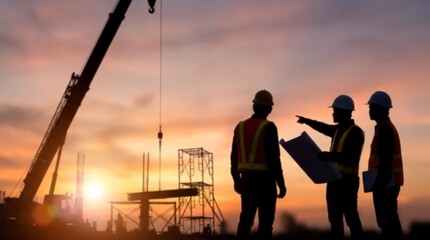 Fototapeta premium Silhouetted engineering team discussing blueprints and pointing at construction site during a golden sunset
