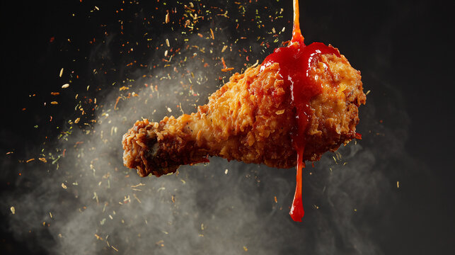 buffalo chicken wing drumstick and spices- isolated on black background - spicy fried hot wings fly in the air, saucy spices and delicious crispy breading closeup, drip, steam