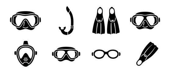 Obraz premium Snorkeling and scuba diving gear icons set for summer water sports, diving mask, fins, and snorkel equipment collection, isolated black vector silhouette symbols for swimming or ocean activity design.