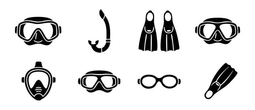 Snorkeling and scuba diving gear icons set for summer water sports, diving mask, fins, and snorkel equipment collection, isolated black vector silhouette symbols for swimming or ocean activity design.