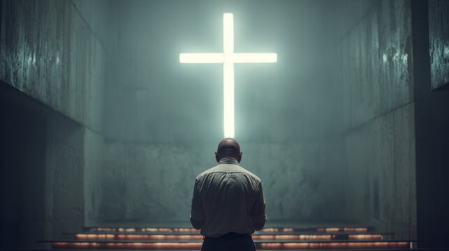 Man praying with glowing cross in dark church