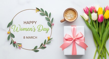 Obraz premium Happy Women's Day celebration with floral wreath, gift box, and tulips on light background