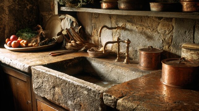country style kitchen stone sink copper utensils warm rustic interior natural materials cozy home