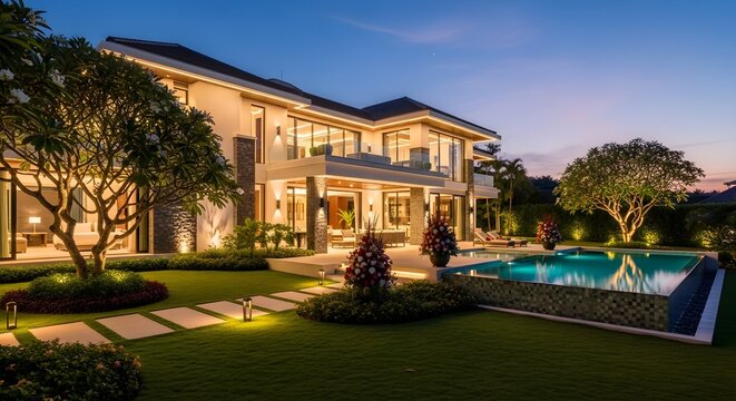 Luxury Modern Villa with Pool at Dusk, Exterior Architectural Shot