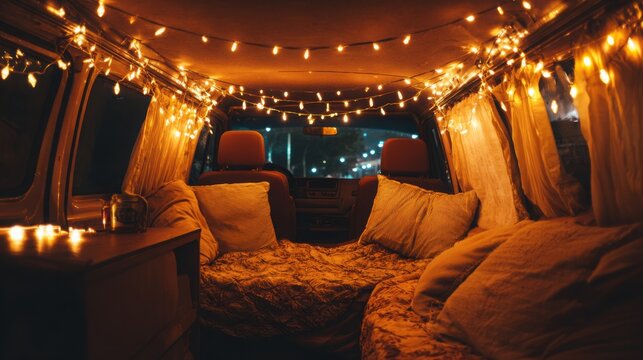 cozy van interior string lights warm evening atmosphere travel aesthetic soft glow