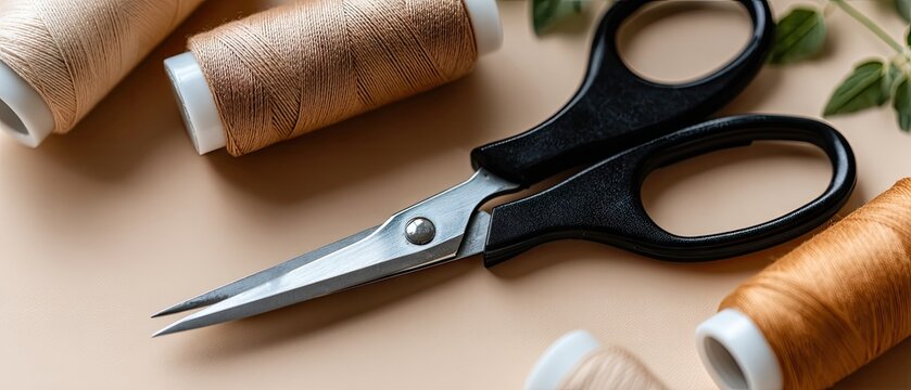 Flat lay of spools of light brown thread and black handled scissors on a beige background in natural light