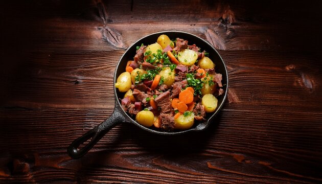 sizzling corned beef hash featuring golden potatoes vibrant carrots and green cabbage in a rustic cast iron skillet on a wooden surface