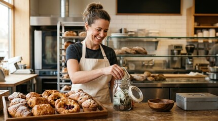 Naklejka premium Bakery owner saving cash earnings in glass jar behind counter
