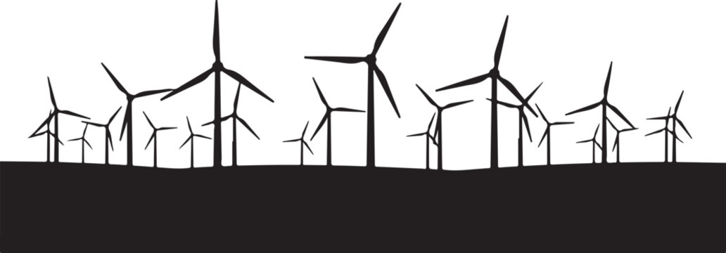 Black silhouette wind turbines on white background