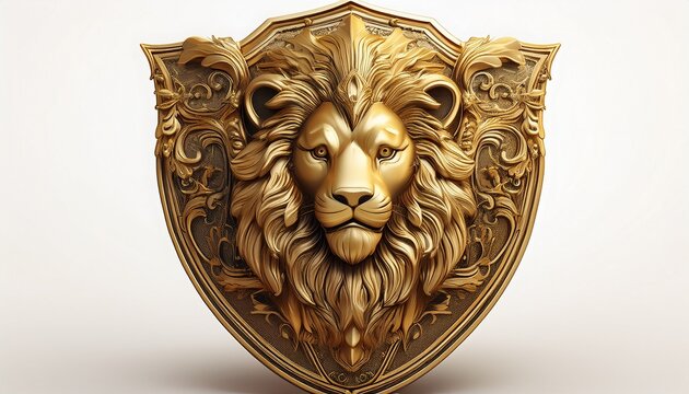 ornate gold shield with a lion s head isolated on white background