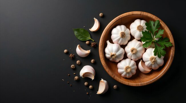 Fresh garlic cloves with herbs on dark background
