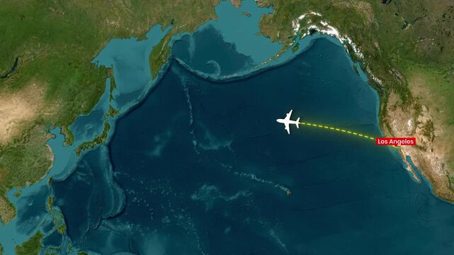 Flight path animation across the Pacific Ocean between Los Angeles and Tokyo video