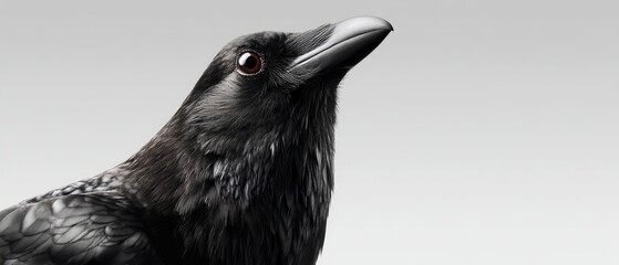 Obraz premium Striking black raven in profile view, showcasing its textured feathers and sharp features against a bright white background