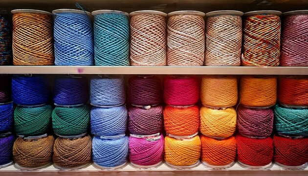 colorful spools of craft string neatly displayed on store shelves ideal for diy art projects hobbies or retail store promotions