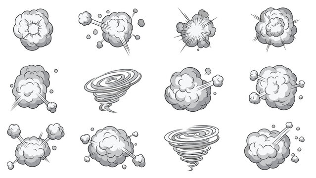 Set of grayscale stylized smoke clouds and tornado-like wind vortexes for comic book action scenes and environmental animations.