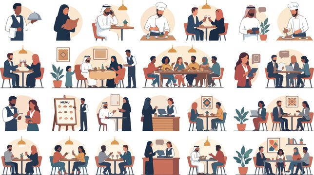 People Dining in Restaurant Flat Vector Illustration with Waiters Serving
