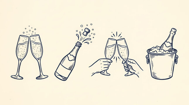 Champagne Celebration Line Art Vector Set, Toast Glasses Popping Bottle Ice Bucket Party Drink Illustration Collection
