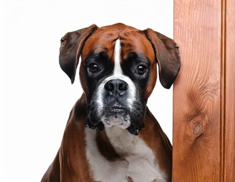 dog boxer peeking around corner