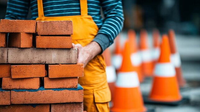 Worker in Striped Shirt with Suspenders and Work Pants Beside Brick Pile