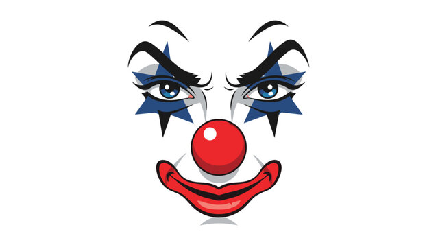 Close-up artistic portrait of a clown face featuring dramatic blue star eye makeup, a bright red nose, and a wide painted red smile.