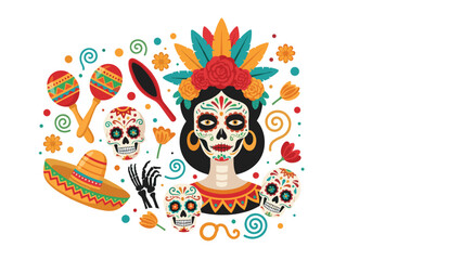 Fototapeta premium Day of the Dead celebration illustration features a woman with sugar skull makeup surrounded by maracas skulls and a sombrero for Mexican culture.