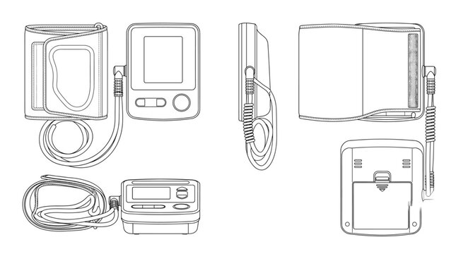 Blood pressure monitor medical device technical drawing blueprint front side top and internal cross sectional views line art vector