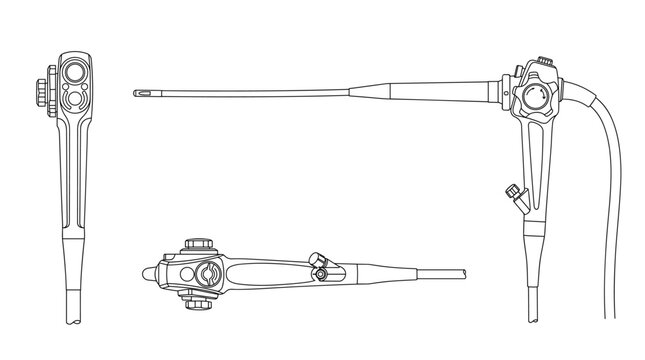 Bronchoscope medical instrument technical drawing blueprint front side top and internal cross sectional views line art vector