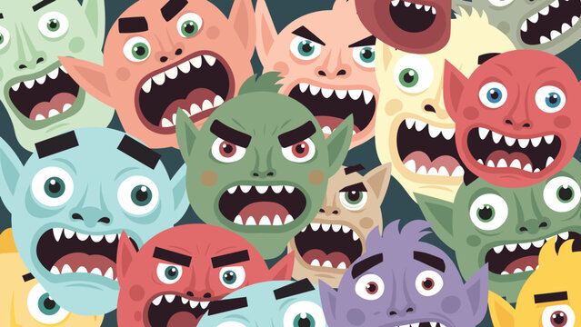 Pattern of various colorful angry goblin and orc faces with open mouths showing sharp teeth creates a vibrant fantasy monster character design.