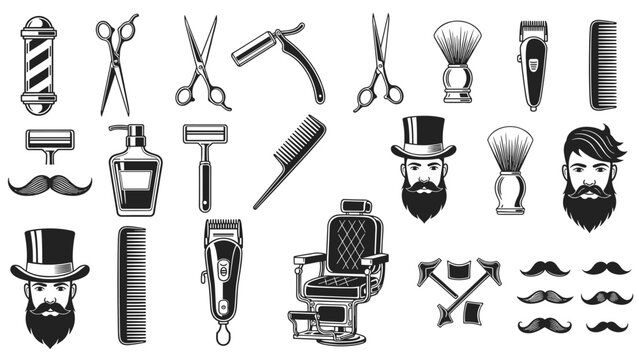 Large collection of black and white barbershop icons including scissors razors combs and bearded men characters for hair salon branding and ads.