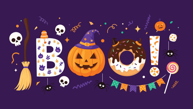 Fun Halloween themed illustration with the word BOO composed of various spooky elements like a pumpkin donut skull and spider for decorations.