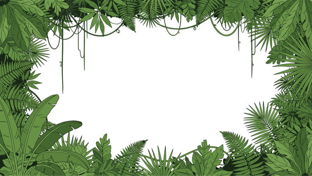 Dense frame made of tropical jungle leaves ferns and vines creates a natural lush border around a central white space for exotic theme designs.